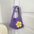 Bolso de mano de red morado estilo coreano con bonita flor de cuadros amarillos. - Con Colgante / Púrpura