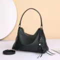 Bolso de hombro de cuero genuino negro para mujer, elegante bolso tote de mano detalle. - 30*10*21CM / Negro