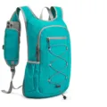 Detail view of turquoise outdoor cycling backpack with shoulder phone pocket and bungee cord. - Below 20L / Lake Blue