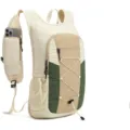 Detail view of the outdoor cycling backpack strap phone pocket and mesh side view. - Below 20L / Beige and Green