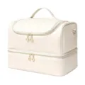 Detail van witte gewatteerde dubbellaagse cosmetische tas, elegante gouden ritsen. - 33x23x23cm / Beige