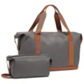 Große Reise-Wochenendtasche Set mit Kosmetiktasche, wasserdichtes graues Gewebe mit braunen. - Grau