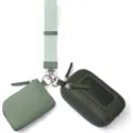 Detailed view of the multi-functional nylon wrist coin purse and card holder set in green. - Green