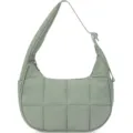 Close-up detail of the light green quilted nylon hobo shoulder bag with soft padding. - Green