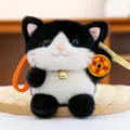 Cute black and white plush lucky cat pendant toy with bell and lucky coin. - Black-White Cat