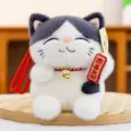 Adorable lucky cat plush toy detail, featuring soft gray and white fur with a cute red bell pendant. - Grey-White Cat
