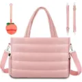 Detail view of pink quilted diaper tote bag with peach accessory and adjustable straps for mom. - Pink