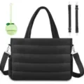 Black quilted diaper tote bag detail, featuring large capacity and cute silicone charm. - Black