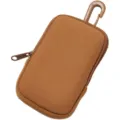 Brown zipper pouch with hook for cosmetic spray, card storage, and coin purse detail. - Coffee