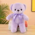 Purple plush teddy bear toy with satin bow ribbon, cute stuffed animal doll for kids gift room decor. - Purple