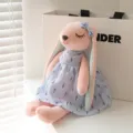 Simpatico peluche di coniglio con orecchie lunghe e vestito floreale, cuscino morbido. - Blu / 35cm
