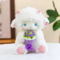 Morbido peluche agnello bianco con mazzo di fiori viola, bambola di pezza per bambini. - 20cm / Bouquet Viola