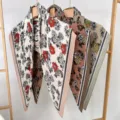 Pleated floral square scarf, lightweight vintage wrap shawl, elegant neckerchief for women. - Beige