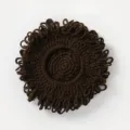 Close-up detail of the brown knitted curly wig hat, featuring unique fluffy yarn texture design. - Brown