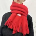 Red plush fringe scarf detail, soft warm winter neck warmer close-up display view. - Red Soft Plush Scarf