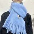 Close-up detail of soft solid color plush fringed winter scarf, cozy warm autumn neck wrap. - Sky Blue Soft Plush Scarf