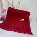 Red plush tassel scarf detail showing soft fabric and neat fringe edge texture. - Burgundy Soft Plush Scarf