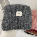 Dark gray fuzzy knitted winter scarf for women, cozy soft solid color warm neck warmer. - Gray