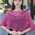 Close-up view of the colorful knit sun protection shawl, lightweight breathable mesh cape. - Rose Red
