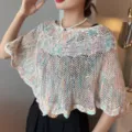 Stylish multi-color knit summer beach sun protection poncho shawl cape for women daily wear - White