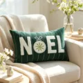 Green Christmas throw pillow detail with plush embroidered NOEL letters and festive ornament. - No Insert / Green Background NOEL 30x50cm