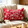 Federa per cuscino natalizio in velluto rosso con ricamo bianco merry jolly e fiocchi neve. - Senza Imbottitura / Rosso Bianco Merry Jolly 30x50cm