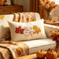 Fodera per cuscino ricamata con foglie d'acero in ciniglia autunno Thanksgiving déco - Cuscino Lombare in Cheniglia Tre Foglie d'Acero / Bianco avorio