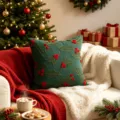 Copricuscino ricamato di Natale cuscino in peluche verde decorazione divano soggiorno - 45x45cm / Ciliegia
