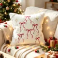 Federa cuscino albero di Natale, morbido peluche bianco con fiocchi rossi e stelle d'oro. - Federa + Imbottitura 45x45cm / Albero di Natale Bianco