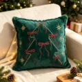Federa per cuscino in peluche ricamata con albero di natale e fiocchi rossi. - Federa 45x45cm / Albero di Natale Verde