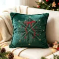 Fodera per cuscino decorativo natalizio, tessuto peluche verde con ricamo fiocco d'oro. - Federa 45x45cm / Fiocco di Neve Verde