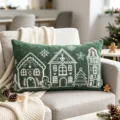Christmas chenille throw pillow cover, green embroidered holiday house design for home sofa decor. - Decorative Pillow Cover / 30x50cm / Dark Green