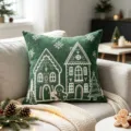 Christmas green chenille throw pillow cover with white embroidered gingerbread house and snowflake. - Decorative Pillow Cover / 45x45cm / Dark Green
