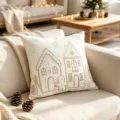 Christmas throw pillow cover with gingerbread house embroidery, cozy holiday sofa cushion decor. - Decorative Pillow Cover / 45x45cm / Beige