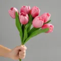 Pink artificial tulip bouquet, 35cm length, realistic floral decoration for home decor. - Pink