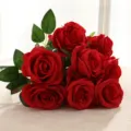 9-head artificial silk rose bouquet red fake flowers for home wedding decor. - Red