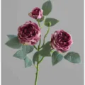 Ramo di rose finte vintage a 3 teste per decorazione d'interni, matrimonio e casa. - Viola d'Autunno