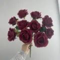 Artificial Rose Bouquet, Burgundy 10-Heads French Style Fake Flowers for Wedding Decor - Dyed Deep Rose