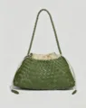 Green woven leather shoulder bag detail, intrecciato design with drawstring closure. - Green