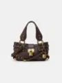 Sac à bandoulière en cuir marron foncé avec cadenas doré vintage, rivets et boucles. - S / Café