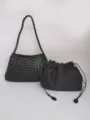 Handmade black woven shoulder underarm bag with matching pouch, stylish retro design. - Black
