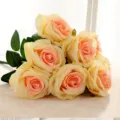 Artificial silk rose bouquet 9 heads peach yellow fake flowers for home decor items - Pink Center