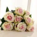 9-Head Artificial Silk Rose Bouquet Pale Yellow Pink Center Home Wedding Decorative Flowers - Purple Center