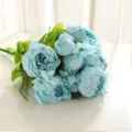 13-head blue artificial peony bouquet european style faux silk flowers for home wedding decor - Spring Blue