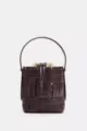 Dark brown leather woven bucket bag with top handle and drawstring closure for women. - Dark Brown