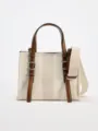 Beige canvas tote bag with brown leather handles, casual work crossbody bag, large capacity. - S / Off White