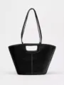 Minimalist black leather tote bag with top handles and contrast stitching for women. - S / Black
