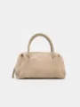 Detailed view of the minimalist suede bowling handbag, showing premium texture and sturdy handles. - S / Apricot