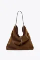 Brown corduroy shoulder bag detail, large capacity hobo design with leather strap and buckle. - Brown