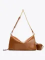Brown PU leather shoulder crossbody bag with chain strap and small coin pouch detail. - S / Tan